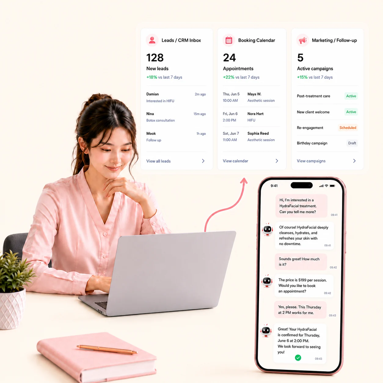 Service business staff using WelaOS to answer customer chats, manage bookings, and follow up automatically