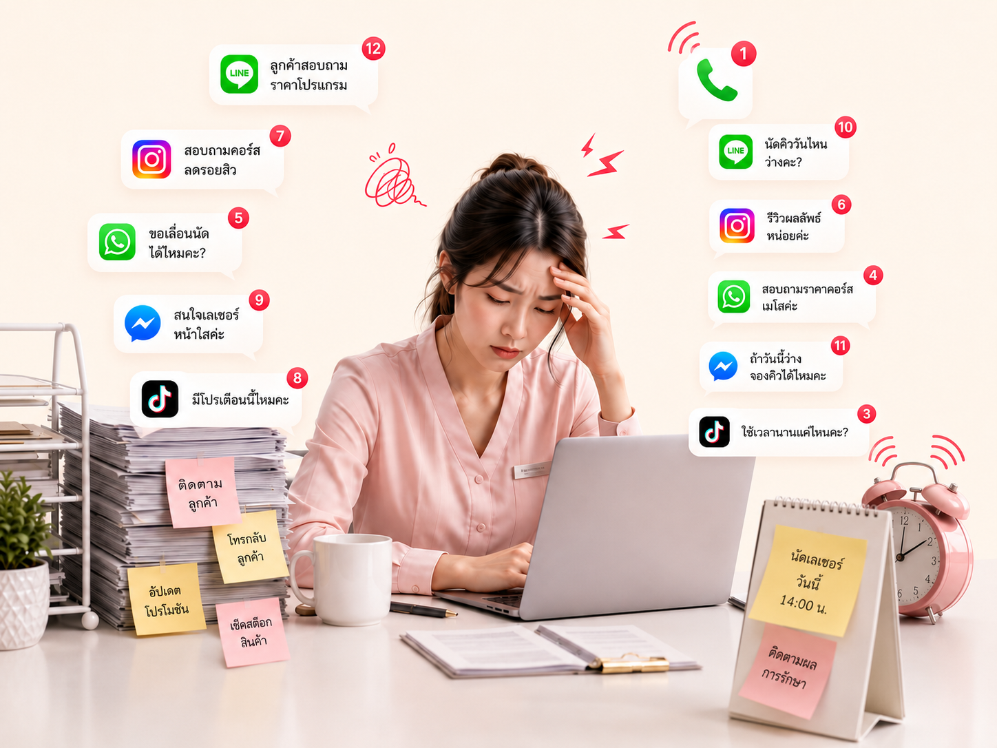 Overwhelmed clinic receptionist managing too many patient inquiries without ClinicAi