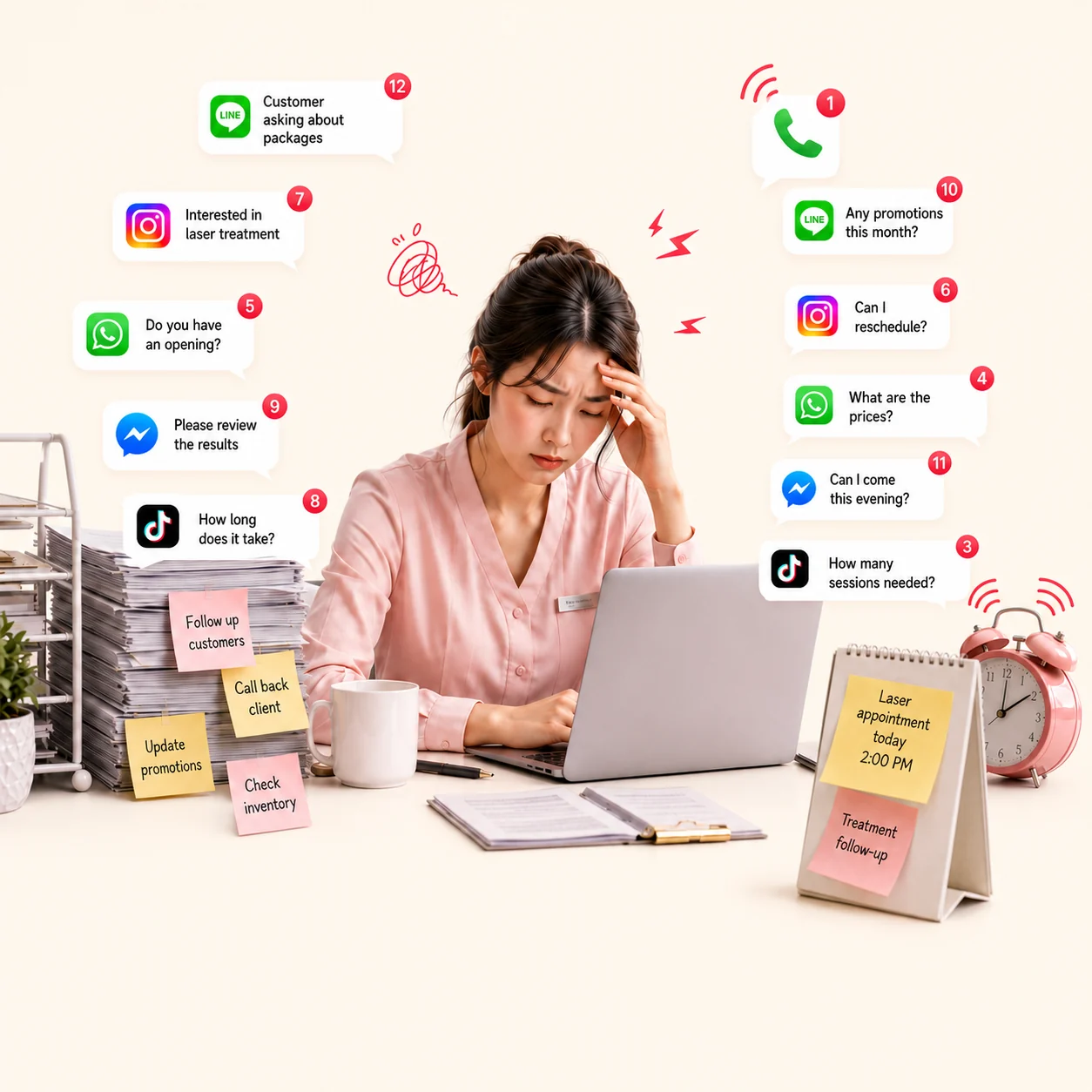 Overwhelmed front desk managing too many customer inquiries without WelaOS