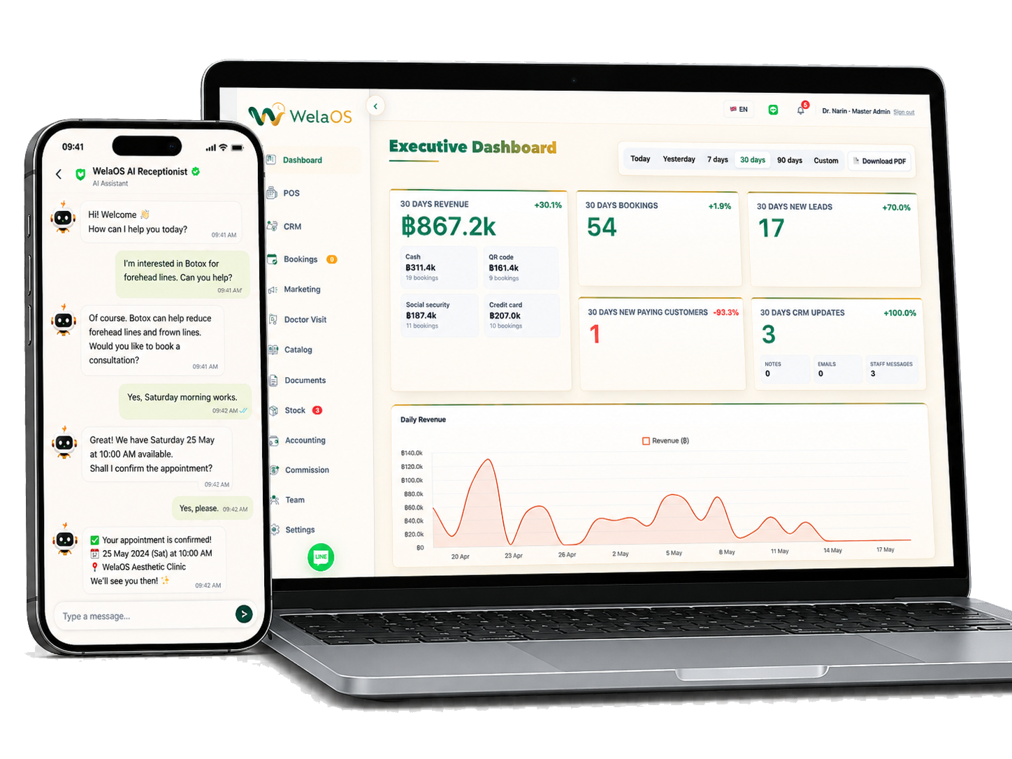บทสนทนากับ WelaOS AI Receptionist บนโทรศัพท์คู่กับ Executive Dashboard