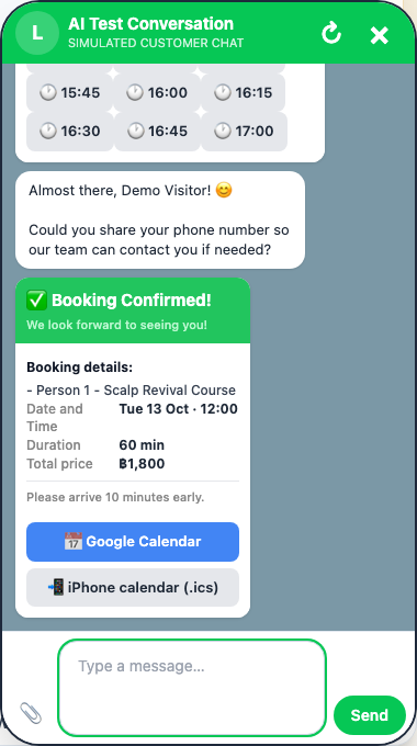 WelaOS AI conversation on a customer phone showing a confirmed Scalp Revival Course booking