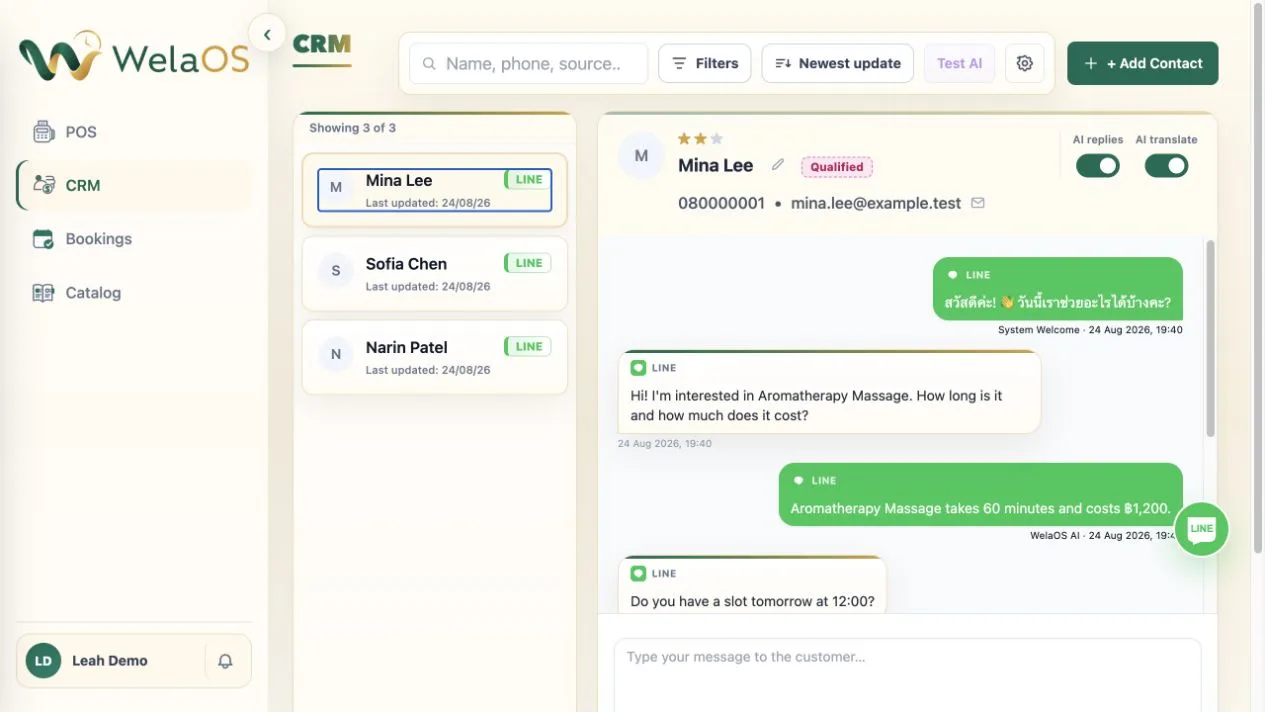 WelaOS CRM showing Mina's English LINE enquiry and the AI responses