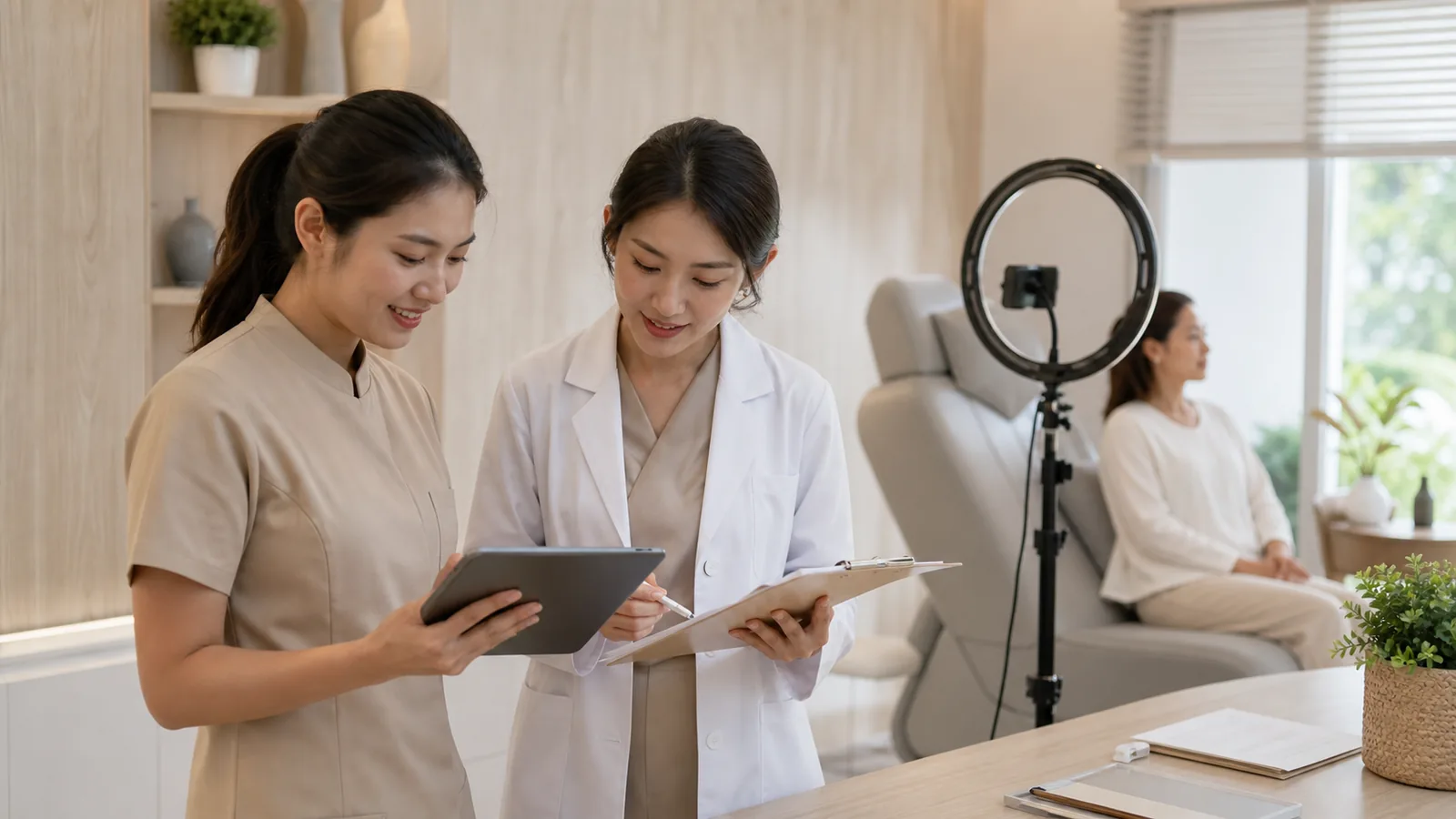 Thai aesthetic clinic coordinator and clinician reviewing a booked visit and photography plan