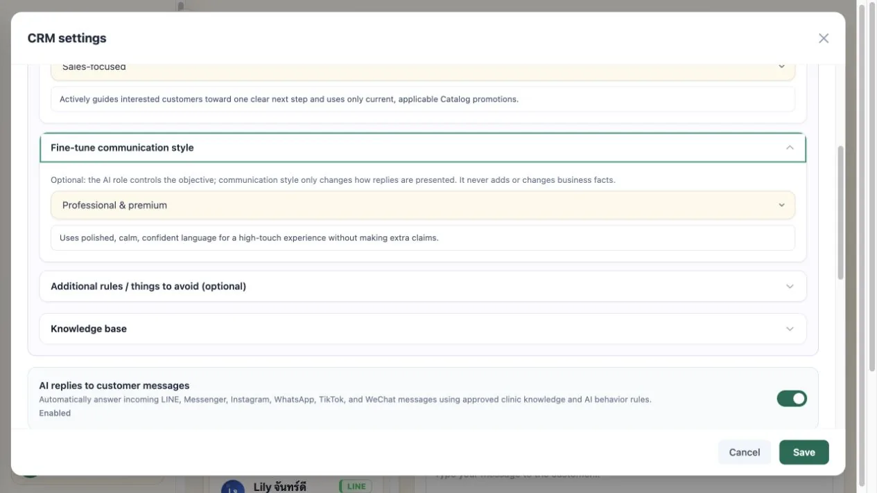 WelaOS CRM settings with Sales-focused AI role and Professional and premium communication style selected
