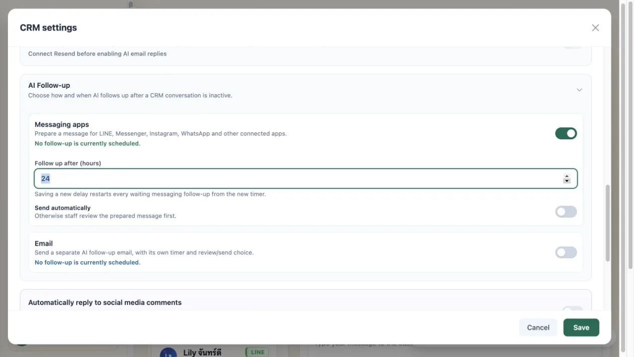 WelaOS AI Follow-up settings with messaging enabled, a 24-hour inactivity delay, and automatic sending turned off