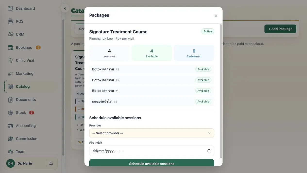 WelaOS Packages detail for synthetic customer Pimchanok Lee showing an active four-session package with four available and zero redeemed