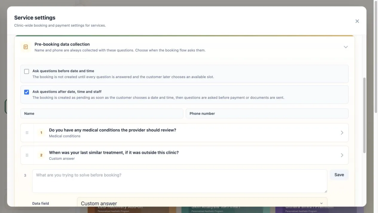WelaOS Service settings showing pre-booking questions after date time and staff selection, including medical conditions and previous treatment