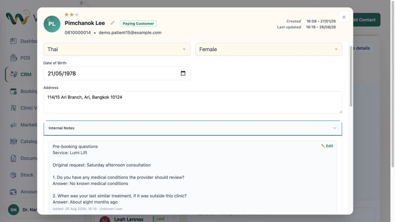WelaOS CRM internal notes for synthetic customer Pimchanok Lee showing two recorded pre-booking questions and answers