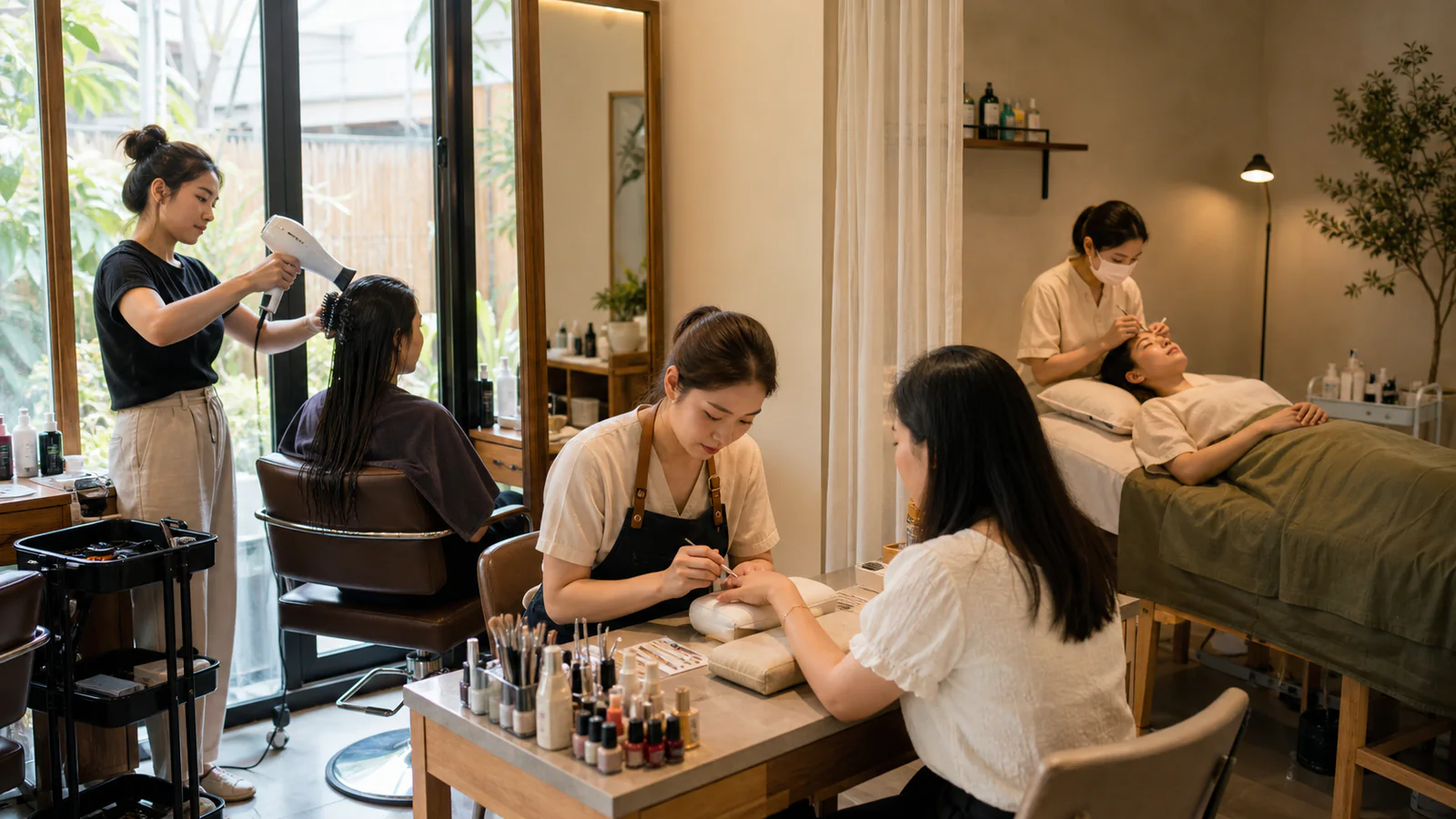 Thai beauty-salon team serving hair, nail and lash customers in warm daylight