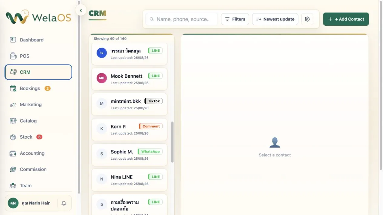 WelaOS CRM contact list showing LINE, TikTok, Comment and WhatsApp source pills in one inbox