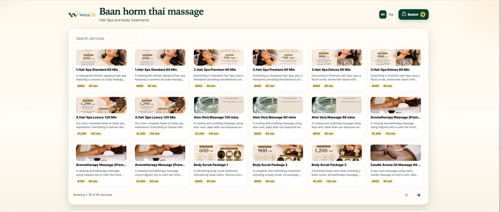 A branded WelaOS public booking page showing a massage business service catalogue, language switcher and basket