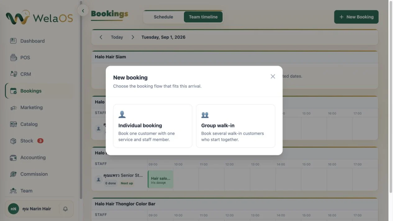 WelaOS new-booking dialog offering one-person and group booking options