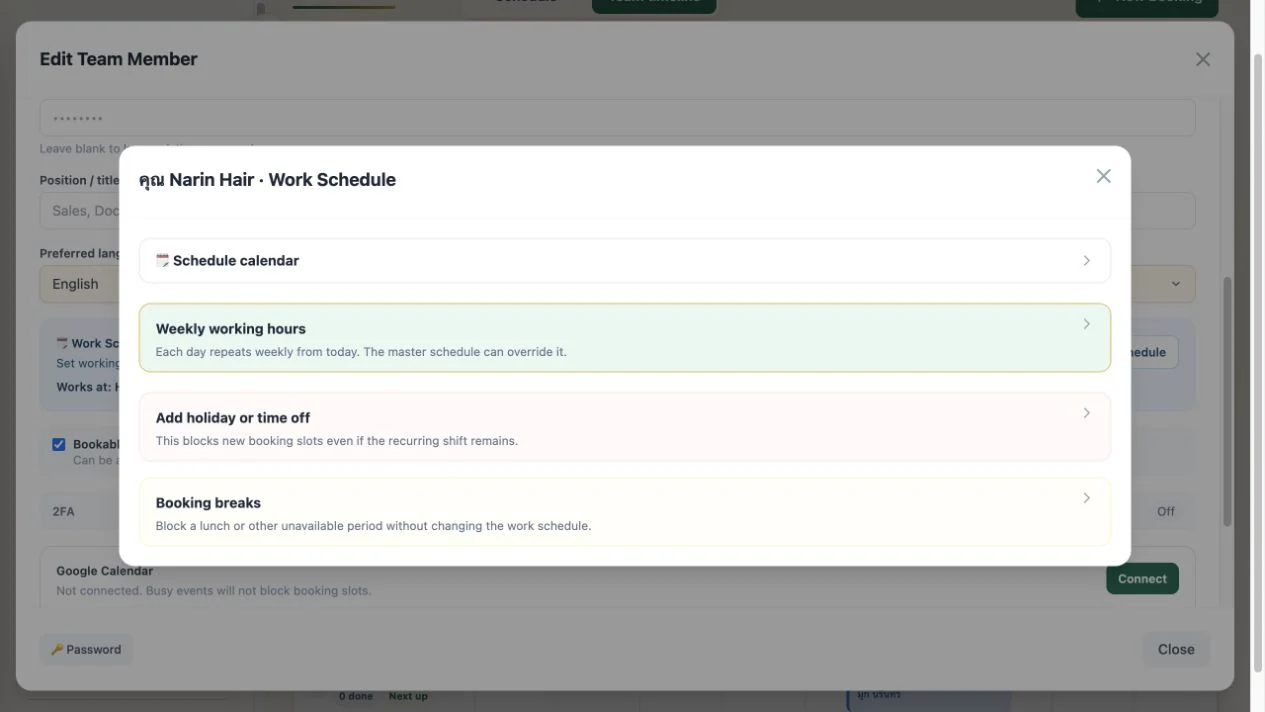 WelaOS work schedule controls showing weekly working hours, holidays or time off, and booking breaks
