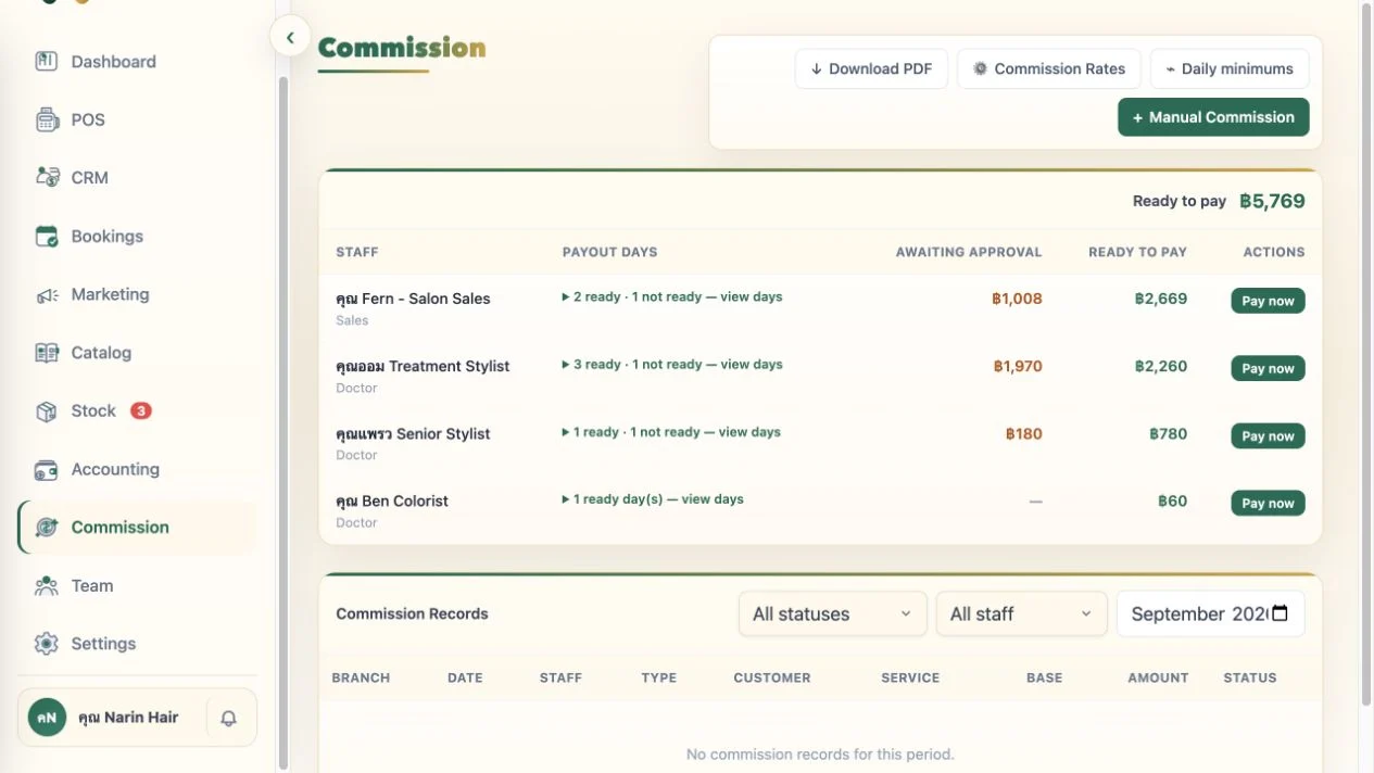 WelaOS commission dashboard showing staff commission amounts awaiting approval and ready for payout