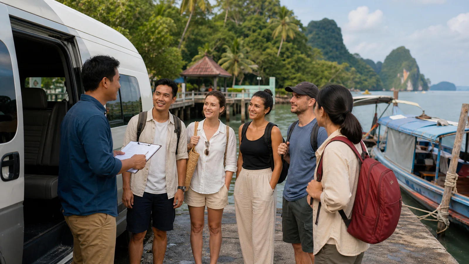 Tour operator reviewing a group departure roster beside a waiting boat and passenger van