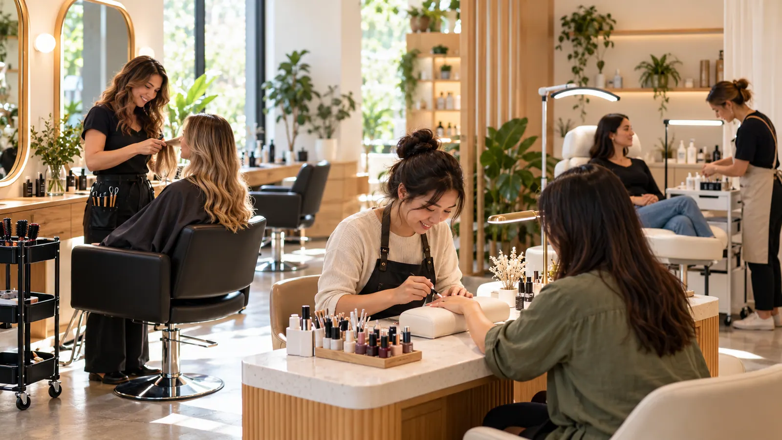 Hair stylist and nail technician working with clients in a bright salon, with a lash service area in view