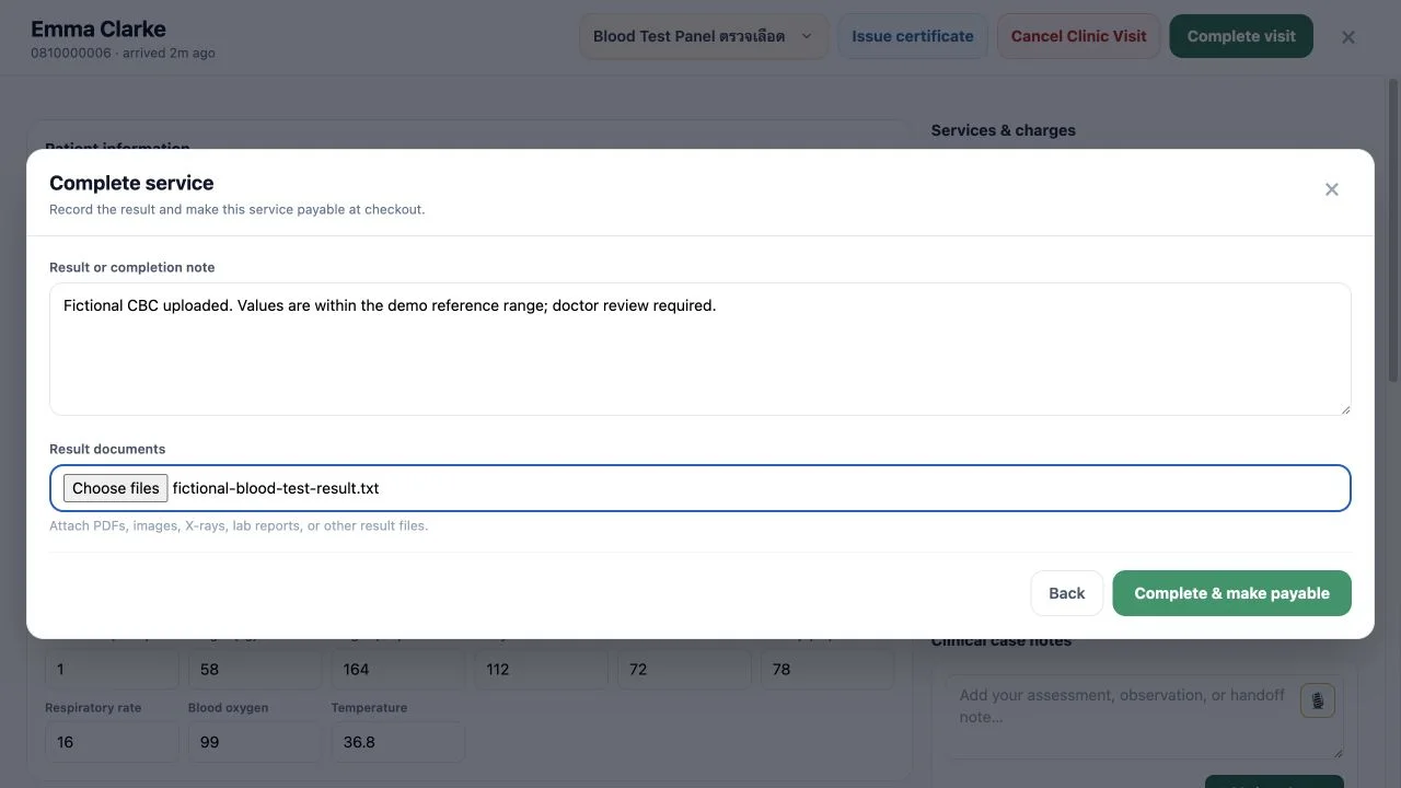 WelaOS Complete service dialog showing a clearly fictional CBC result note, the attached fictional-blood-test-result text file and the Complete and make payable action