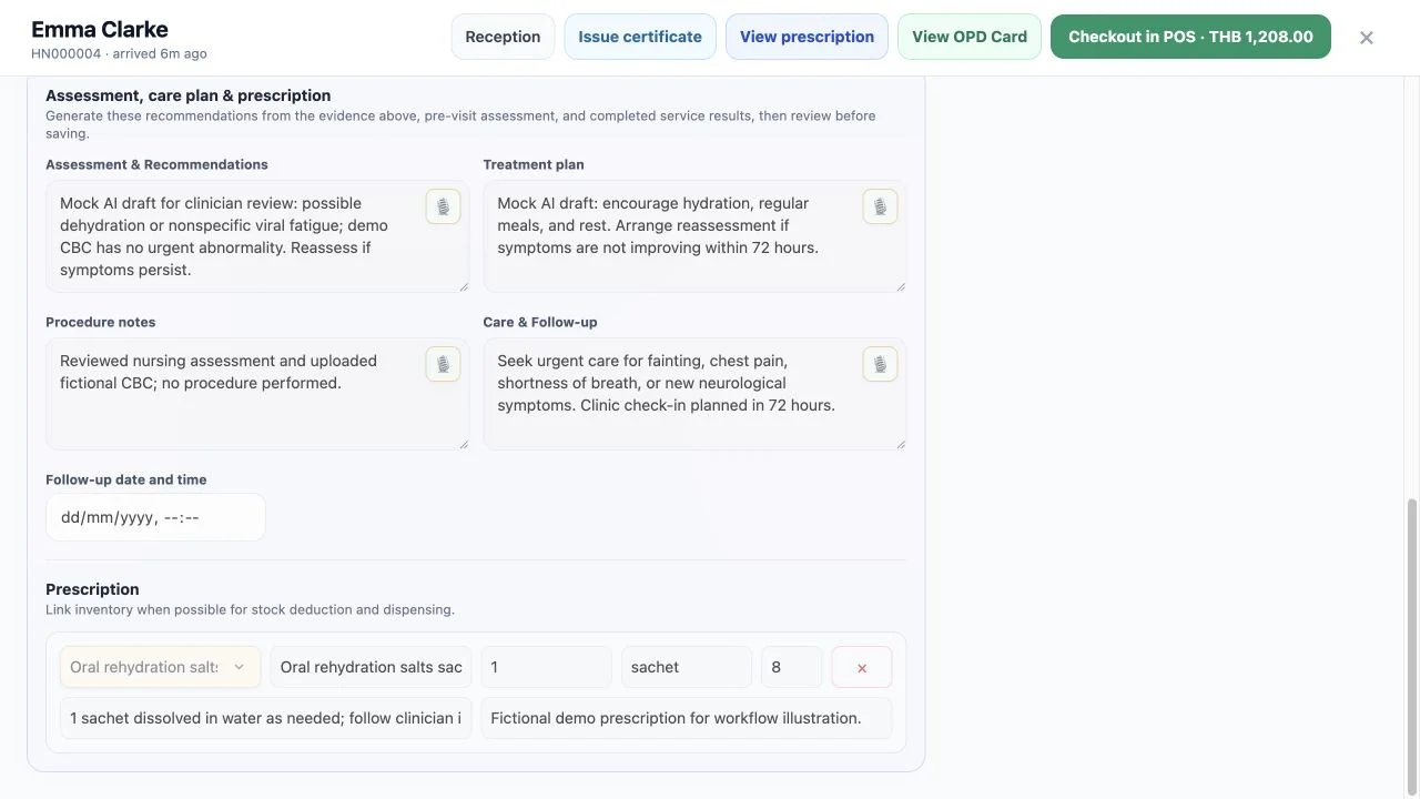 Finalized WelaOS Clinic Visit for fictional patient Emma Clarke showing locked clinical fields plus View prescription, View OPD Card and Checkout in POS for 1,208 baht