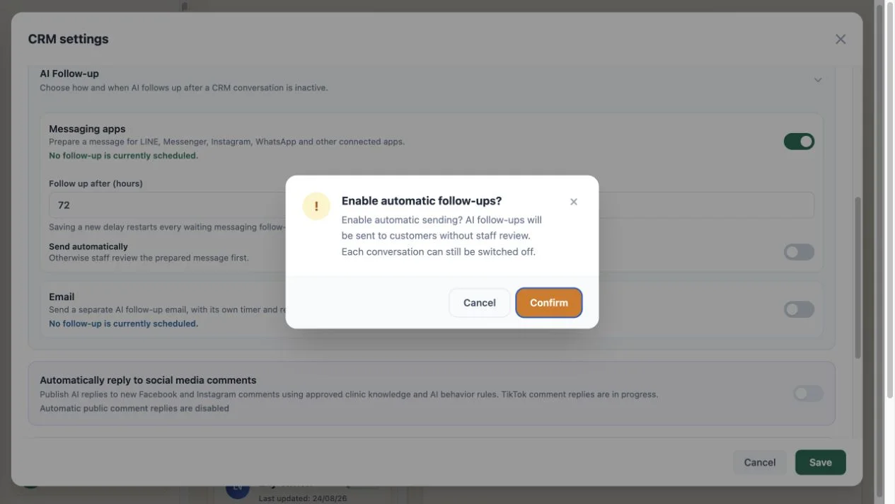 WelaOS CRM settings showing Messaging apps AI Follow-up enabled, a 72-hour inactivity delay and a confirmation dialog before automatic sending is enabled