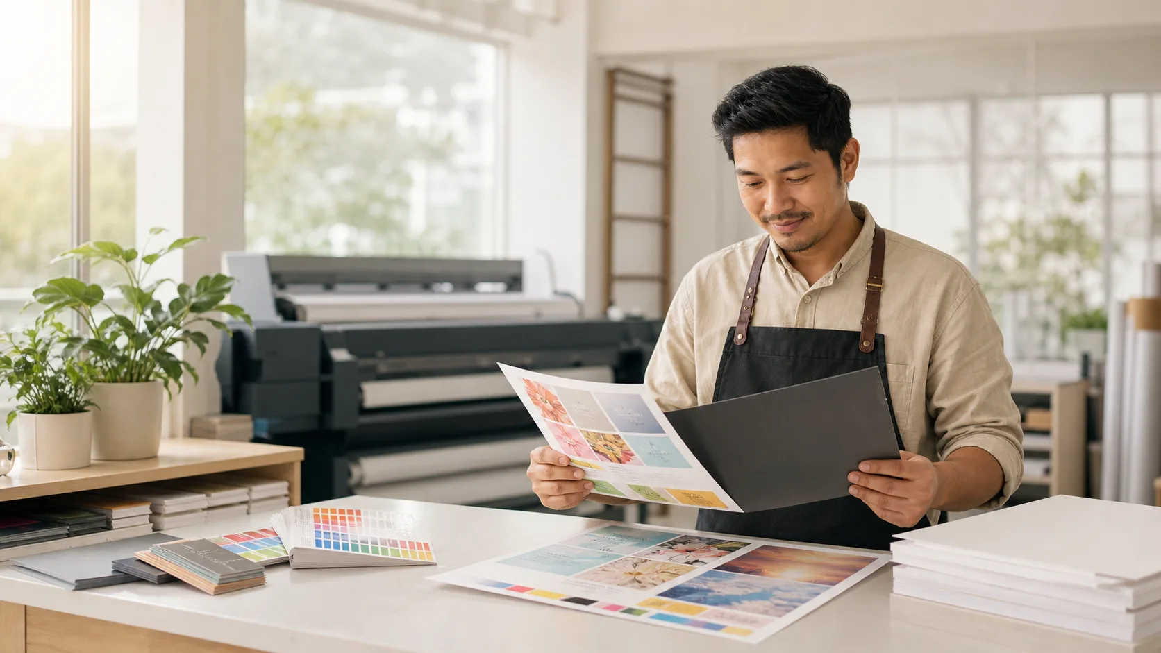 Print-shop worker preparing a custom print order at a production table