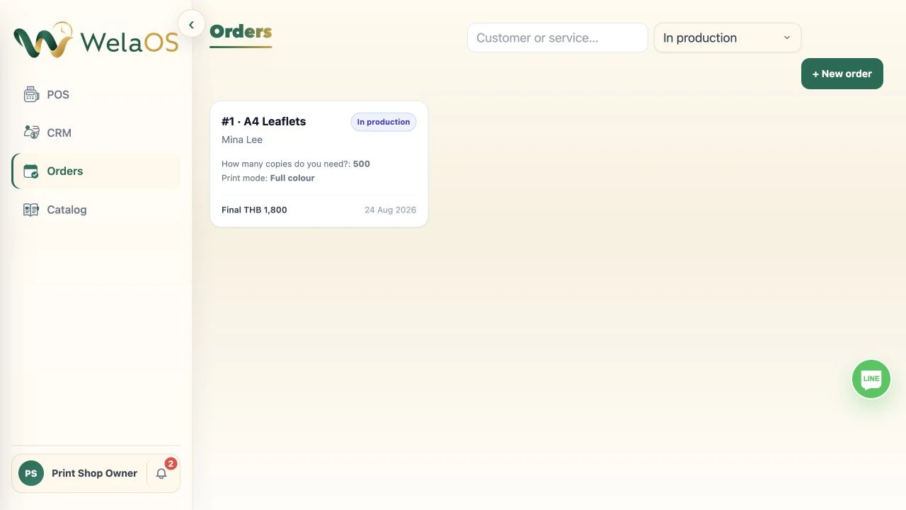 บอร์ด Orders ของ WelaOS ที่กรองออเดอร์ A4 Leaflets ซึ่งอยู่ระหว่างการผลิต