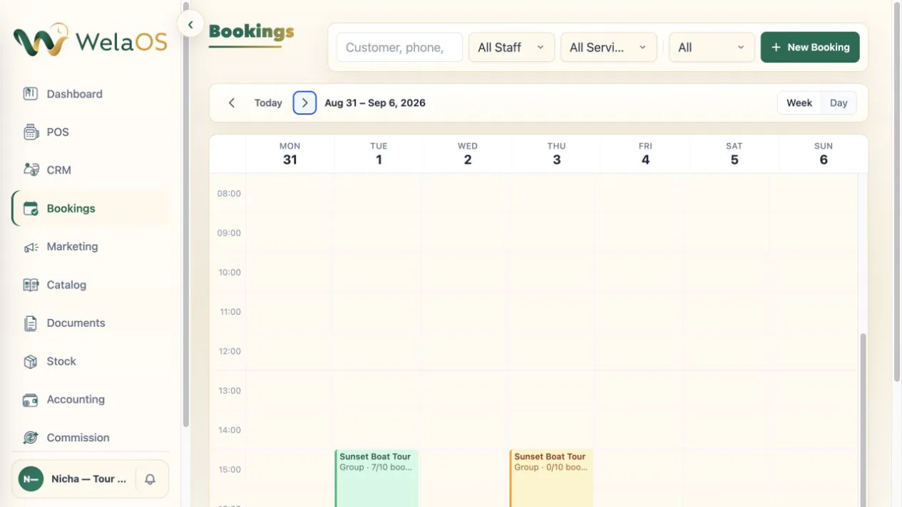 WelaOS Bookings calendar showing the 1 September Sunset Boat Tour at seven of ten places booked