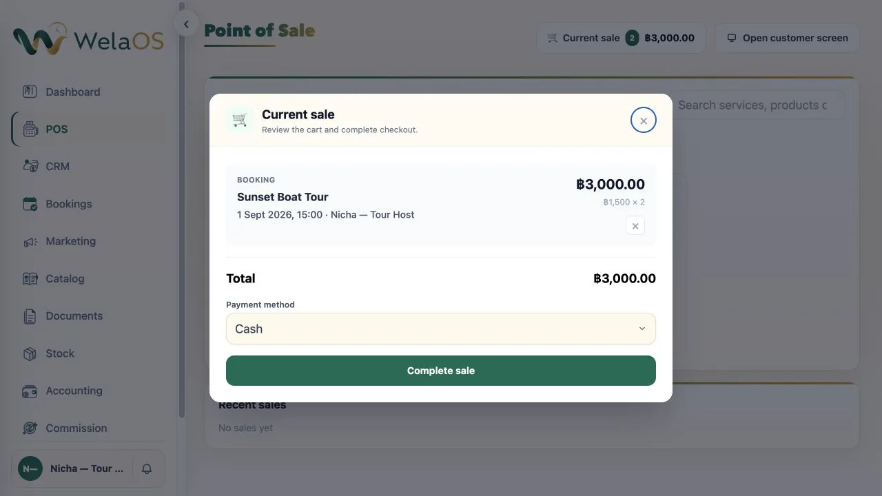 WelaOS POS Current sale showing one Sunset Boat Tour booking at 1500 baht times two, totalling 3000 baht